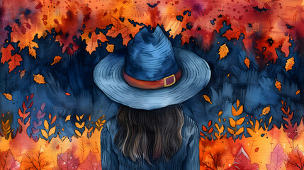 An artist wearing a hat stands beside a field of orange leaves, painting the scene with electric blue and creating a beautiful artwork