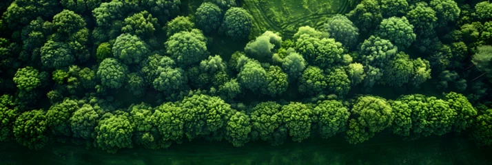 Foto op Plexiglas Aerial of Thick Wood of Green Trees Beside Paddocks , Top view from the drone to the green forest © David
