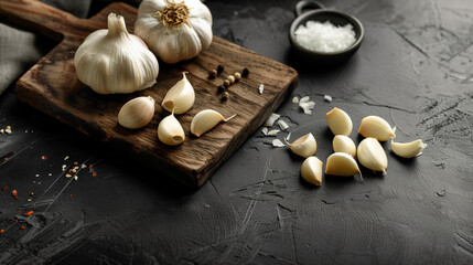 Close up of garlic bulbs with cloves on wooden board 