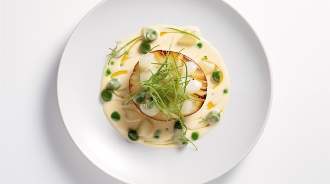 Photo of CHILEAN SEA BASS with FINGERLING POTATOES, LEEKS, and CREAM on a white round plate against a white background, top view