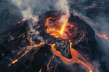 A bird's eye view of a volcano with lava, smoke, and rocks