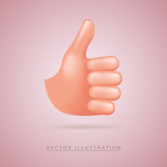 Thumb up in realistic 3d style, isolated on background. Vector illustration.