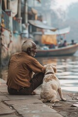A man sits on a stone ledge with his dog