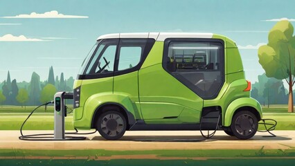Green electric harvester at charging station - a flat vector illustration. Bridging e-motion in electromobility with smart, modern agriculture