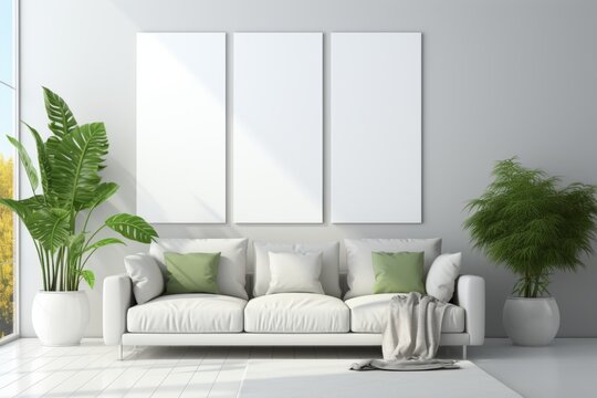 Three frames with a white empty copy space mockup on wall, home interior with sofa and potted plants