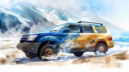 off-road car, country music background, road trip,