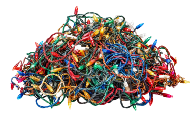 Gathered Bunch of Christmas Light Tangles Isolated on Transparent Background.