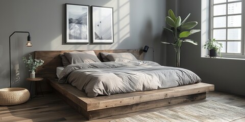 Mock up bright bedroom with a comfortable large bed and a bright stylish background, 3d rendering