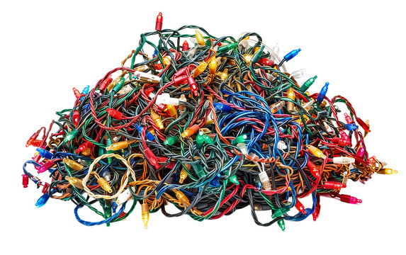 Gathered Bunch of Christmas Light Tangles Isolated on Transparent Background.