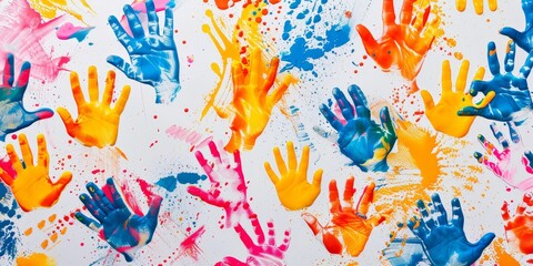 A colorful painting of many hands with different colors