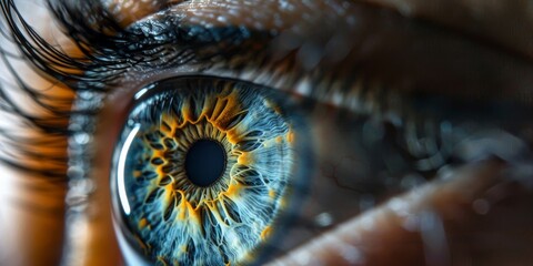 A close up of a person's eye with a blue iris and a yellowish tint