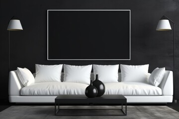 Black frame with empty copy space mockup on wall, cozy modern home interior with white sofa