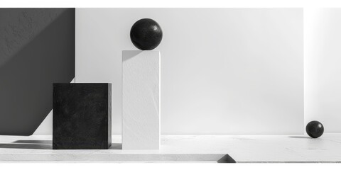 A black and white photo of three cubes and a black and white ball