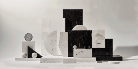 A collection of black and white sculptures - obrazy, fototapety, plakaty