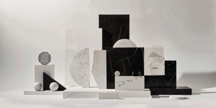 A collection of black and white sculptures