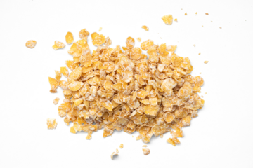 Pile of Sugar-Frosted Flakes of Corn Cereal Scattered on a Transparent Background  with transparent shadow- Ideal for a Quick and Delicious Breakfast