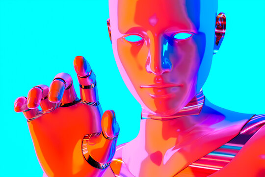 A futuristic Artificial intelligence woman pointing with her hand