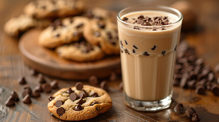 Glass of milk and chocolate chip cookies on a woo