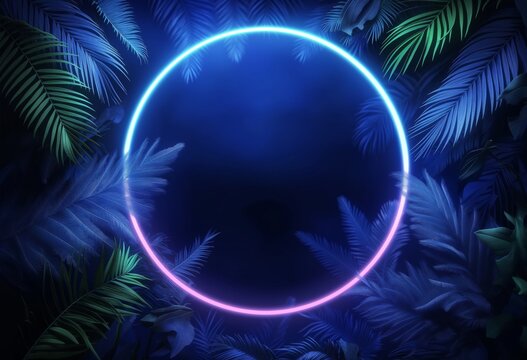 Tropical jungle design with purple neon circle with anime aesthetics and sci-fi future influence, spectacular backdrop of light navy and blue, surrounded by the vibrant greens of foliage, copy space.