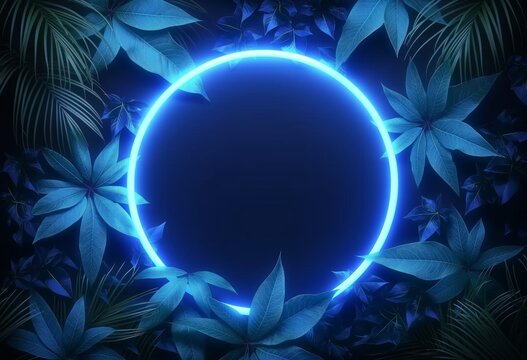 Tropical jungle design with purple neon circle with anime aesthetics and sci-fi future influence, spectacular backdrop of light navy and blue, surrounded by the vibrant greens of foliage, copy space. - Powered by Adobe