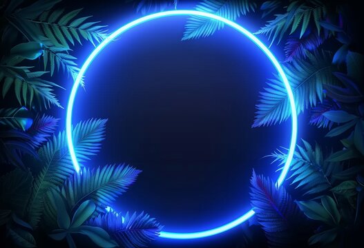 Tropical jungle design with purple neon circle with anime aesthetics and sci-fi future influence, spectacular backdrop of light navy and blue, surrounded by the vibrant greens of foliage, copy space.