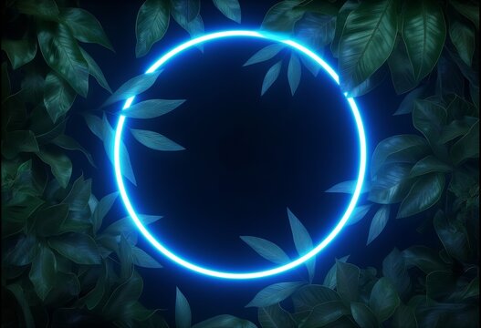 Tropical jungle design with purple neon circle with anime aesthetics and sci-fi future influence, spectacular backdrop of light navy and blue, surrounded by the vibrant greens of foliage, copy space.