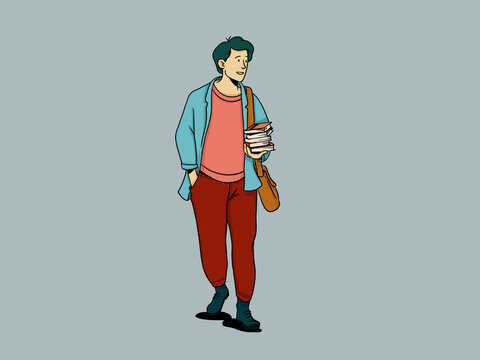 Flat style of man with books walking on street