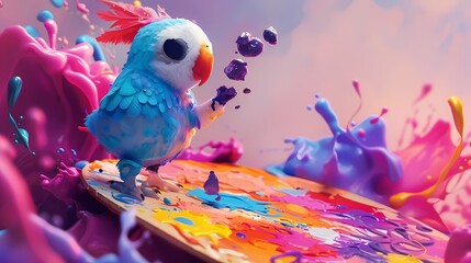 The character perches on a giant paint palette, dipping its fingers in the vibrant colors and creating abstract art. - obrazy, fototapety, plakaty