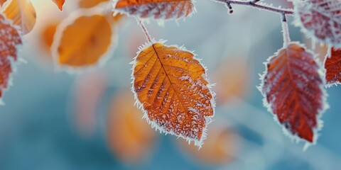 A leaf covered in frost is shown in a blue sky