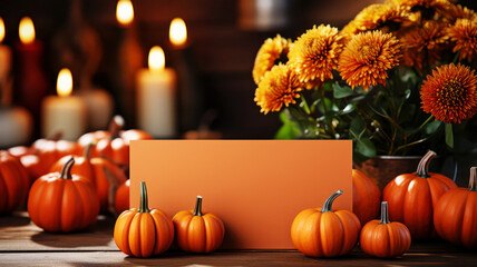 Seasonal pumpkins and vibrant flowers setting the scene for a customizable card