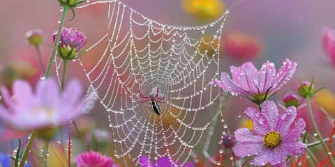 A spider web is seen in the middle of a field of flowers - Powered by Adobe
