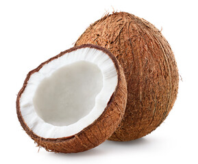 Whole and half of fresh ripe coconut on white background - 753904103
