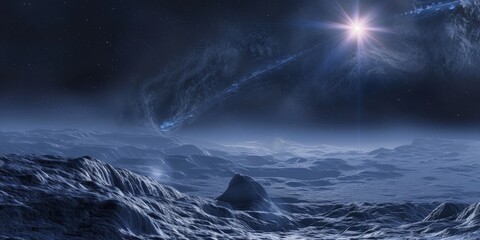 A star is shining in the sky above a rocky, icy landscape