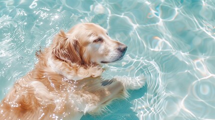 A Golden dog lounging in a pool of clear and transparent water, with light white and turquoise tones