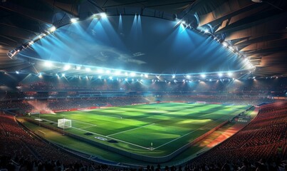 Football stadium under the glow of floodlights, with the pitch bathed in vibrant colors