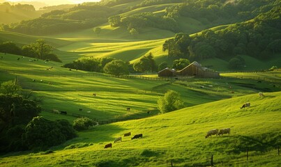 Obraz premium Natural resources in rural landscapes with a photograph of a dairy farm nestled in a lush valley surrounded by verdant meadows