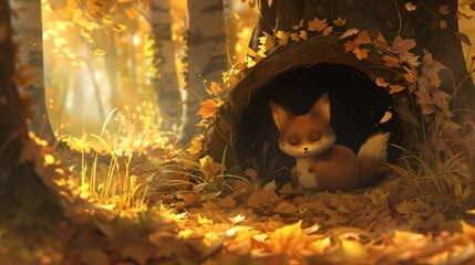 Nestled in a cozy den made of leaves, the woodland character listens to the gentle rustling of the trees, its heart filled with a sense of peace and tranquility. - obrazy, fototapety, plakaty