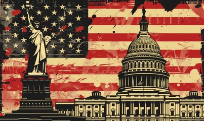 American flag integrated into iconic American landmarks, such as the Statue of Liberty or the Capitol Building