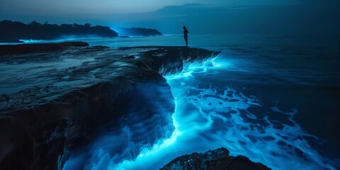 A person stands on a rocky beach at night, looking out at the ocean - Powered by Adobe