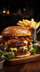 Mouthwatering burger with layers of bacon, cheese, and fresh toppings, accompanied by fries - 753905325
