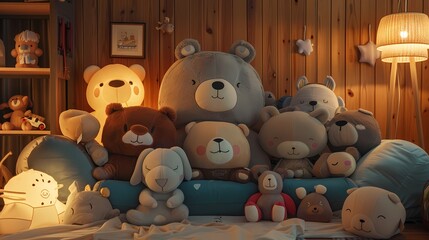 Nestled in a cozy corner, the cute character snuggles into a pile of oversized plush toys, each one a cherished friend.