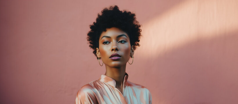 beautiful dark skin poc african american woman in magazine stir editorial shot for fashion beauty hair salon advertisement copy space warm bright sunlight background 