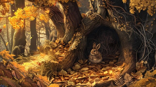 Nestled in a cozy den made of leaves, the woodland character listens to the gentle rustling of the trees, its heart filled with a sense of peace and tranquility.