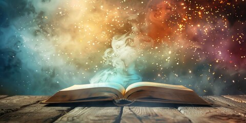 An open book with a colorful background of stars and smoke