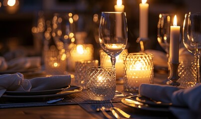 Close-up image showcasing the exquisite details of a candlelit dining table set for an evening dinner party