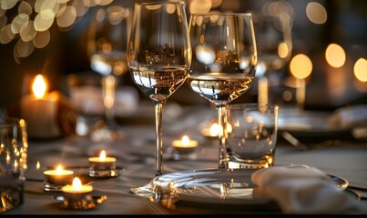 Close-up image showcasing the exquisite details of a candlelit dining table set for an evening dinner party - obrazy, fototapety, plakaty