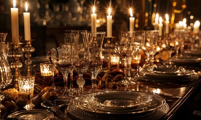 Fototapeta na wymiar Close-up image showcasing the exquisite details of a candlelit dining table set for an evening dinner party