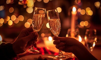 Romantic evening with a stunning photograph showcasing a man and a woman clinking glasses of champagne - obrazy, fototapety, plakaty