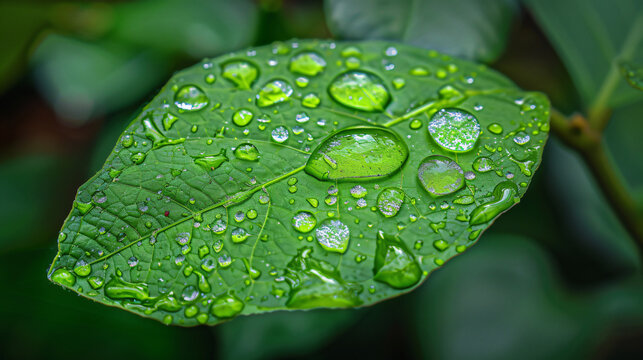 Green leaf with reflective raindrops green chloral