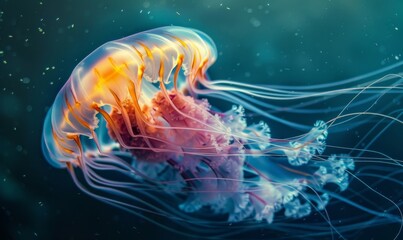 Jellyfish in a macro photograph, capturing its delicate tentacles and ethereal glow as it gracefully moves through the water